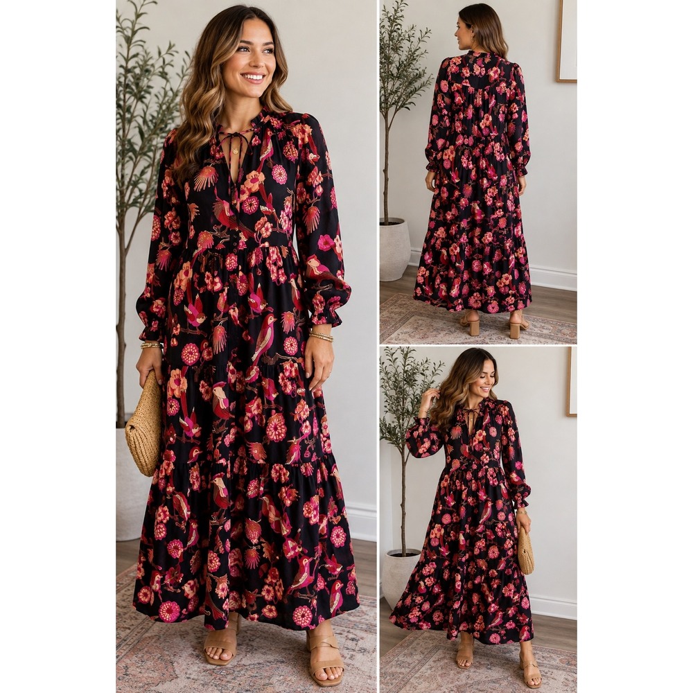 Olivia James The Label Lydia Vintage Bird Maxi Dress Small Cotton Floral Boho